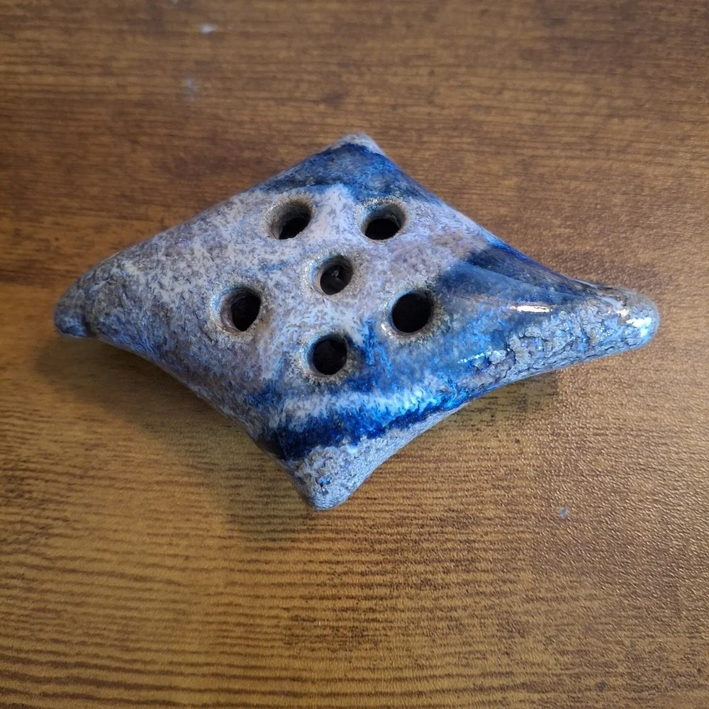 Vintage Mid Century Studio Pottery Flower Frog Pillow Shape Blue Drip Glaze 4 In